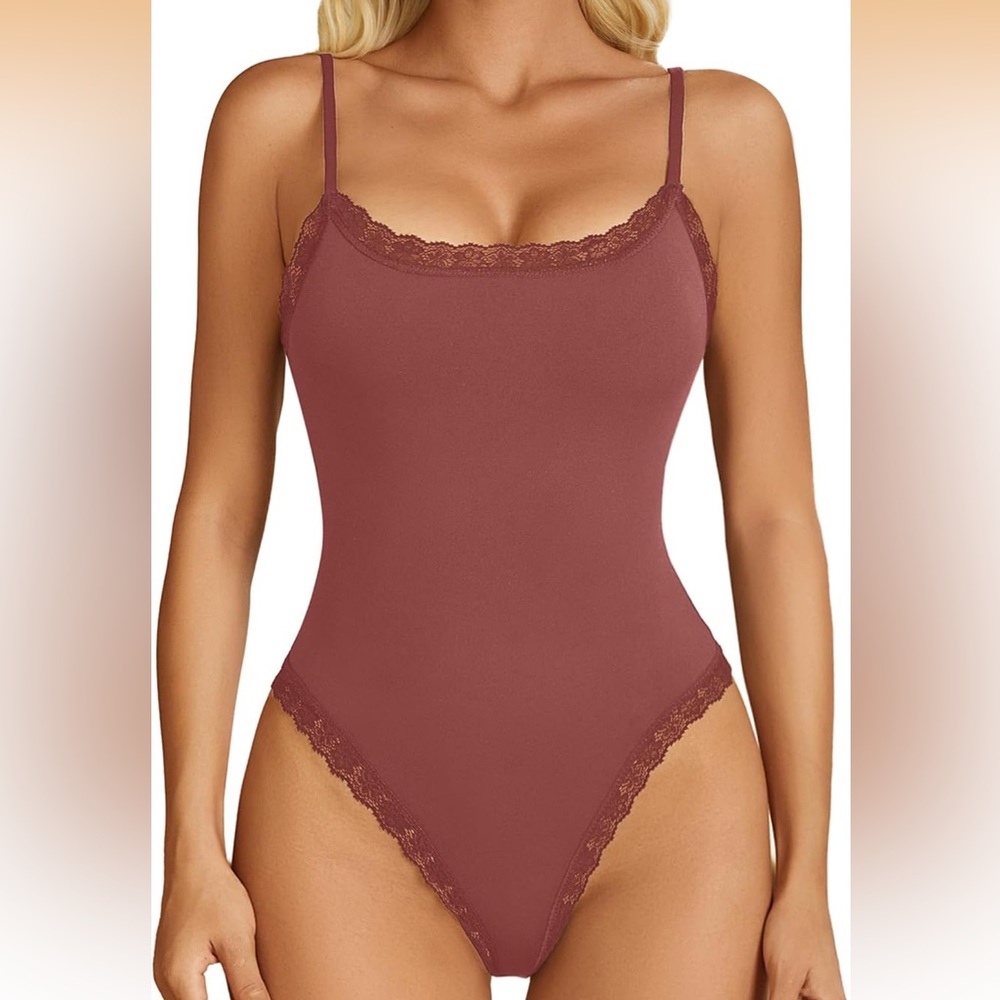Lace-Trim Bodysuit Cami for Women - Mauve